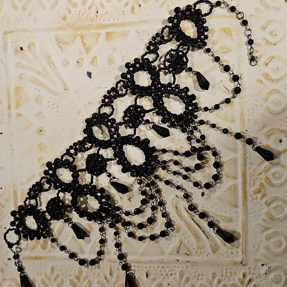 Victorian Gothic Statement Waterfall Bib Necklace Black Glass Crystal Choker 16" - Picture 2 of 4